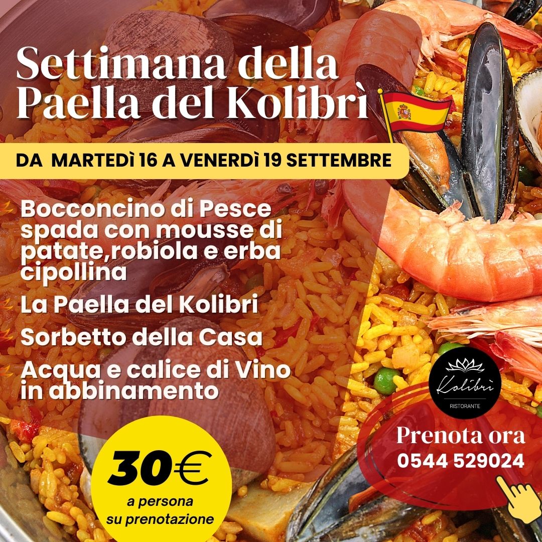 Dal 16 al 19 settembre al Ristorante Kolibrì: Paella, pesce spada, sorbetto e vino in abbinamento.